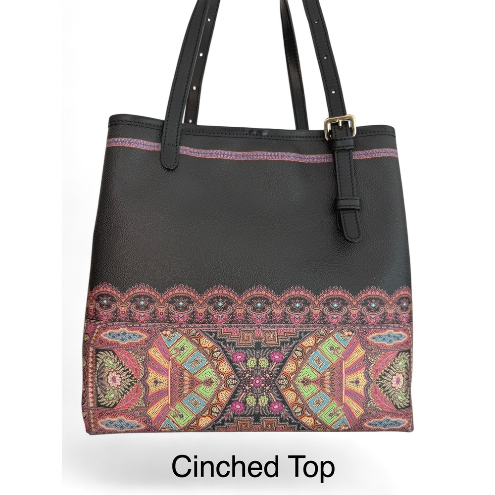Etro Milano Paisley Print Coated Canvas Tote Bag Black + Wristlet Leather Trim - Picture 2 of 16